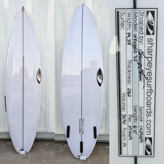 Shortboard Sharpeye Inferno 72 medidas: 6.0 x 19.37 x 2.62 x 30.90 Lts.